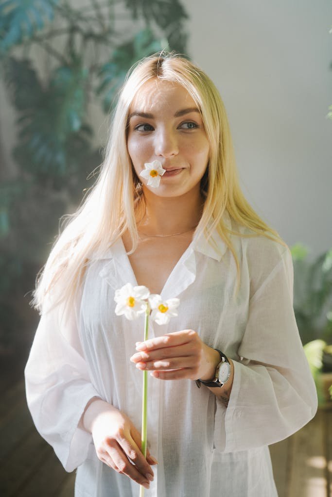 Young woman with blonde hair holding white flowers indoors, surrounded by greenery.